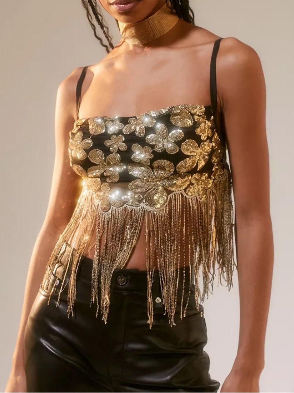 For Love & Lemons Colette Sequin Fringe Top Gold & Black